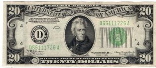 Federal Reserve - $20 Twenty Dollars - Green Seal - 1934 Note