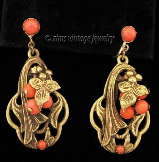Antique Art Nouveau Deco Czech Coral Glass Gold Brass Floral Dangle Earrings