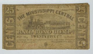 1862 Holly Springs The Mississippi Central Railroad Compy 25c Obsolete Currency