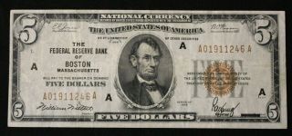 1929 $5 Dollar National Currency The Federal Reserve Of Boston - Vf