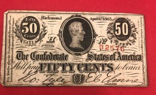 1863 The Confederate States Of America Fractional Currency 50 Fifty Cents
