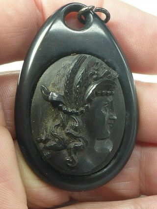 Antique Victorian Whitby Jet Locket Back Carved Cameo Pendant For Necklace