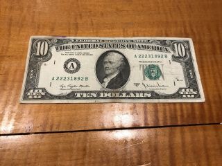 1977 A 10 Dollar Bill Federal Reserve Note Ten (boston “a”) (w) A - B Block