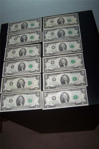 US 1976 2 Dollar Complete Set US Two Dollar Note Complete Set A - L (12 notes) 2
