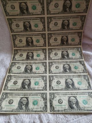 1985 Uncut $1 Sheet Currency 16 One Dollar Bills Notes B 3