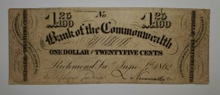 1862 Bank Of Commonwealth,  Richmond Virginia $1.  25 Note