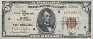 Kappyscoins W6664 1929 $5.  00 National Currency Frb Of Boston Bank Note Crisp Ef