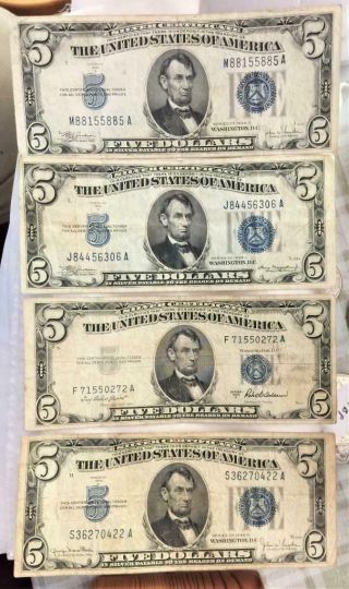 4 Different Decent 1934 - 1953 $5.  00 Silver Certificates Usa Ship