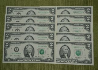 10 Uncirculated 2003 Series Consecutive $2 Us Two Dollar Bills Plastic Sleeve 2