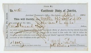 1864 $1000 Charleston,  South Carolina C.  S.  A.  Interim Depository Receipt (idr)