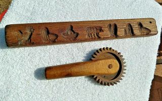 Two (2) Antique Wood Kitchen Hand Tools - Butter Mold & Pie Crimper