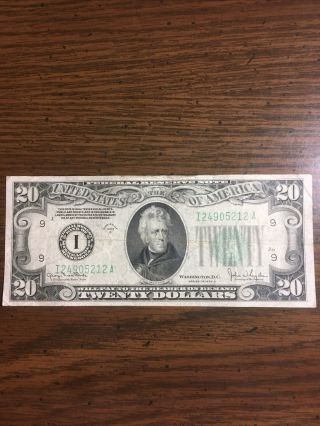 1934 - D 20 Dollar Bill Minneapolis Frb Vintage Bill