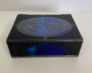 Antique Stained Glass Jewelry Trinket Vanity Box Etched Hinged Leaded 7x5x2.  5”