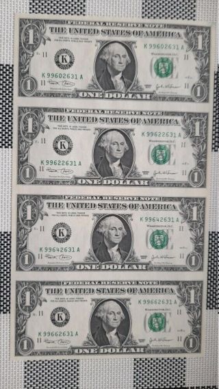 Uncut Sheet Of 4 - One (1) Dollars Us Bills Series 2003