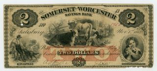 1862 $2 The Somerset And Worcester Savings Bank - Salisbury,  Maryland Note