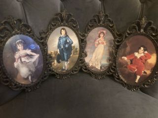 Ornate Victorian Metal Frame Convex Glass 17 " Italy Set Of 4 Blue Boy Pinkie.