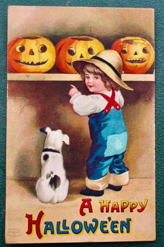 Vintage International Halloween Postcard,  Clapsaddle,  Little Boy And Dog