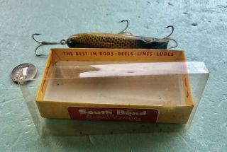 Vintage Wood Fishing Lure.  South Bend Bass - Oreno No.  973 YP w/box.  3 3/4” 5/8 oz 3