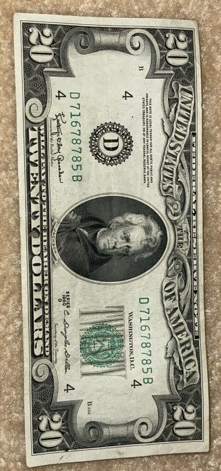 1950 Series D $20 Dollar Federal Reserve Note Bill