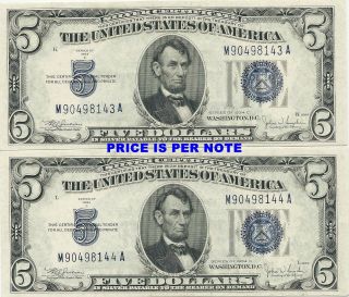 1934 - C $5 Silver Certificate - Wide Face - 1 Note Of 2 Choice Crisp Uncirculated