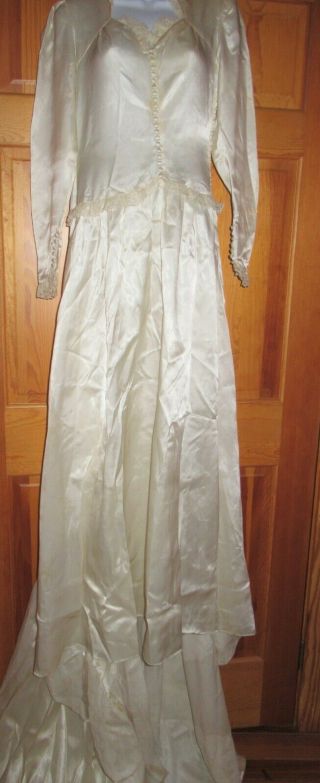 76 Year Old Vintage Ivory Satin Long Sleeve Wedding Gown W/ Long Train Size 10?