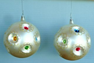 2 Vintage Large Glass Ball Christmas Tree Ornaments With Indents & Glitter Italy