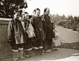 Antique Photo Negative C.  1900 Chinese Girls & Small Boy Bound Lotus Feet Costume