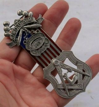 Vintage Antique Sterling Silver Mason Masonic Medal Usa Flag Compass Ouam