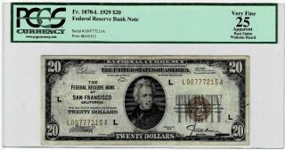$20 Federal Reserve Note 1929 Fr 1870 - L Pcgs Vf25 Cert 80467149