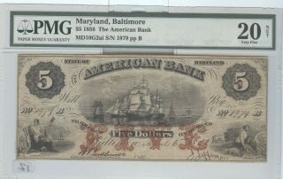 1858 The American Bank Of Baltimore,  Md $5 Note
