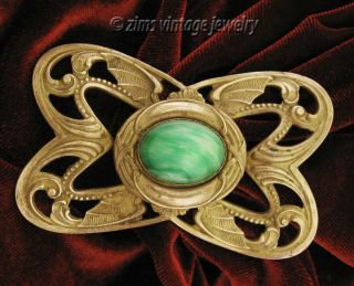 Antique Old Art Nouveau Brass Repousse Bat Wing Jade Green Glass Sash Pin Brooch