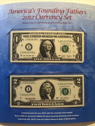 2012 America ' s Founding Fathers $1 and $2 Currency Set (JZ) 2