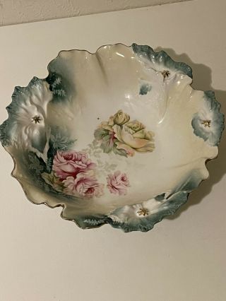 Antique Rs Prussia Bowl Pink And Yellow Rose Bowl With Blue Accents 10 1/2” ￼