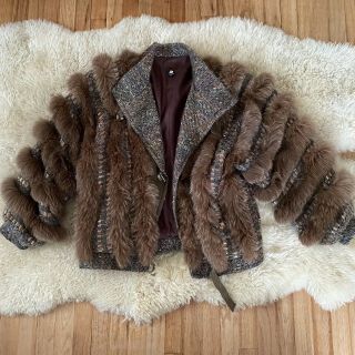 Vintage Stripe Woven Faux Leather Fur Coat Jacket - Medium - Unbranded