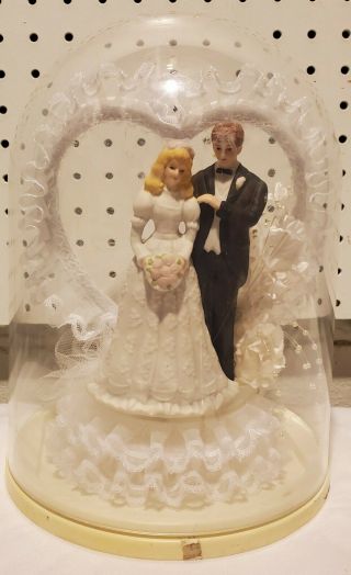 Vintage Wedding Cake Topper Porcelain Bride & Groom With Plastic Dome