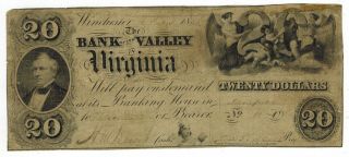 1855 Winchester Virginia Bank Of The Valley Mooresfield $20 Obsolete Currency