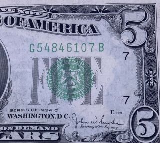 1934 ($5) Five Dollar Federal Reserve Lime Green Seal Crisp,  Uncirculated