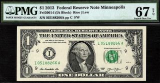 2013 $1 Minneapolis Federal Reserve Note Frn 3001 - I Pmg 67 Epq • Pop 3/2