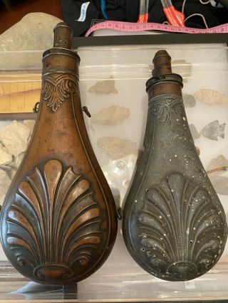 2 Antique Brass Black Powder Horn Flasks
