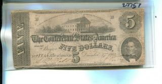 1862 $5 Confederate Currency Note Vg Fine 2775p