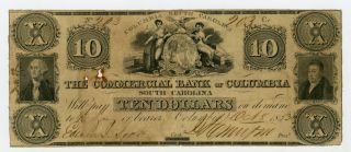 1853 $10 The Commercial Bank Of Columbia,  South Carolina Note