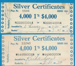 $1.  00 1935,  1957 Silver Certificate B.  E.  P.  4000 Note Brick Label Ends