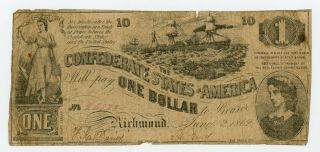 1862 T - 44 $1 The Confederate States Of America Note - Civil War Era