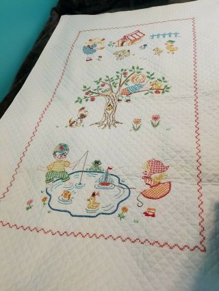 Vintage Embroidered Cross Stitched Baby Quilt Boy In Tree Handmade Crib Blanket