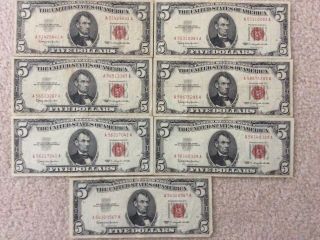 (7) - 1963 5 Dollar,  Red Seal Us Notes.  Circulated.