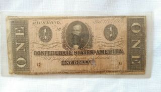 1862 $1 Dollar Confederate States America Richmond Va.  Currency Civil War Note