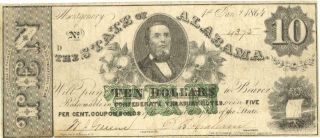 State Of Alabama $10 Dollars Obsolete Currency Banknote 1864 Au
