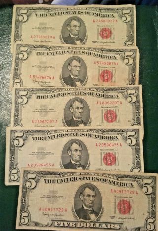 A Group Of 5 1963 Five Dollar Red Seal Notes