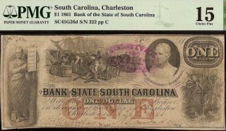 1861 $1 Dollar Bill South Carolina Bank Note Large Currency Paper Money Pmg 15