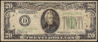 1934 A $20 Dollar Bill Federal Reserve Note Currency Old Paper Money Fr 2055 - D